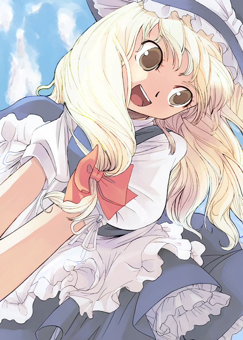yuu (kfc), kirisame marisa, touhou, 1girl, apron, black hat, blonde hair, brown eyes, cloud, day, dress, female focus, hair ribbon, hat, open mouth, ribbon, sky, solo, tress ribbon, witch hat