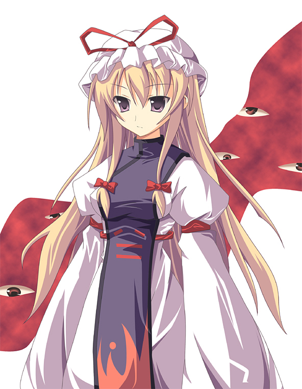 ruru (artist), ruru (heat haze), yakumo yukari, touhou, 1girl, arms at sides, blonde hair, dress, female focus, gap (touhou), hat, long hair, long sleeves, mob cap, purple eyes, purple tabard, ribbon, solo, tabard, white hat
