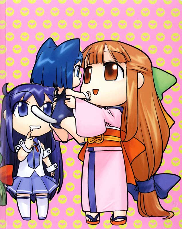 2k-tan, 95-tan, xp-tan, os-tan, white legwear, scan, 3girls, :d, age difference, ahoge, animal ears, armband, ass, blue eyes, blue hair, blue skirt, blunt bangs, bob cut, bow, brown eyes, brown hair, cat ears, cat tail, chibi, chibi only, child, cover, crease, drooling, eye contact, feet, finger to mouth, glasses, grin, hair between eyes, hair bow, half updo, holding, japanese clothes, kimono, long hair, looking at another, low-tied long hair, multiple girls, obi, one-piece swimsuit, open mouth, outstretched arms, parted bangs, pince-nez, pink background, pleated skirt, pointing, polka dot, polka dot background, ponytail, saliva, sandals, sash, school swimsuit, school uniform, shirt, shoes, short hair, sidelocks, skirt, sleeveless, sleeveless shirt, smile, standing, swimsuit, tail, thighhighs, torso grab, very long hair, wide sleeves, wrist cuffs, zettai ryouiki, zouri