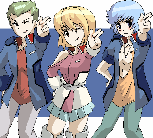 auel neider, stellar loussier, sting oakley, gundam, gundam seed, gundam seed destiny, jinki, lowres, 1girl, 2boys, bare shoulders, blonde hair, blue hair, boots, crossover, green hair, multiple boys, oekaki, pants, parody, skirt