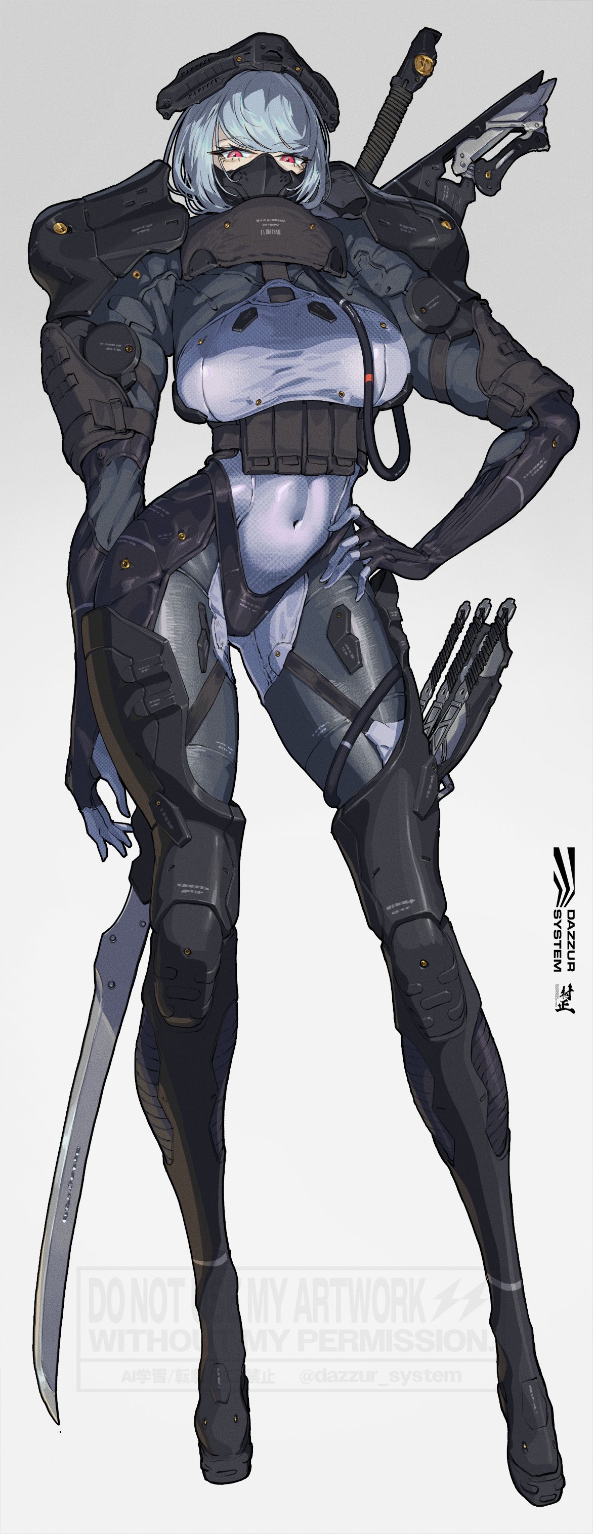 dazzur (dazzur system), original, absurdres, commentary, highres, 1girl, armor, artist name, breasts, covered navel, full body, grey background, grey hair, hand on own hip, headgear, knife, leg armor, looking at viewer, mask, mouth mask, pauldrons, red eyes, short hair, shoulder armor, simple background, solo, standing, watermark