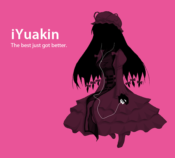 yakumo yukari, touhou, 1girl, digital media player, female focus, hat, ipod, ipod ad, mob cap, monochrome, pink background, pink theme, silhouette, solo, tabard, typo