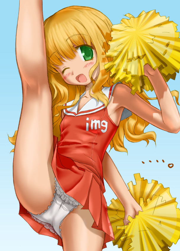 aoi kumiko, futaba channel, character request, 1girl, blonde hair, blush, cameltoe, cheerleader, clothes writing, female focus, flexible, frilled panties, frills, green eyes, kneepits, leg lift, legs, long hair, miniskirt, one eye closed, panties, pantyshot, pom pom (cheerleading), skirt, solo, split, standing, standing on one leg, standing split, underwear, upskirt, vest, white panties, wink