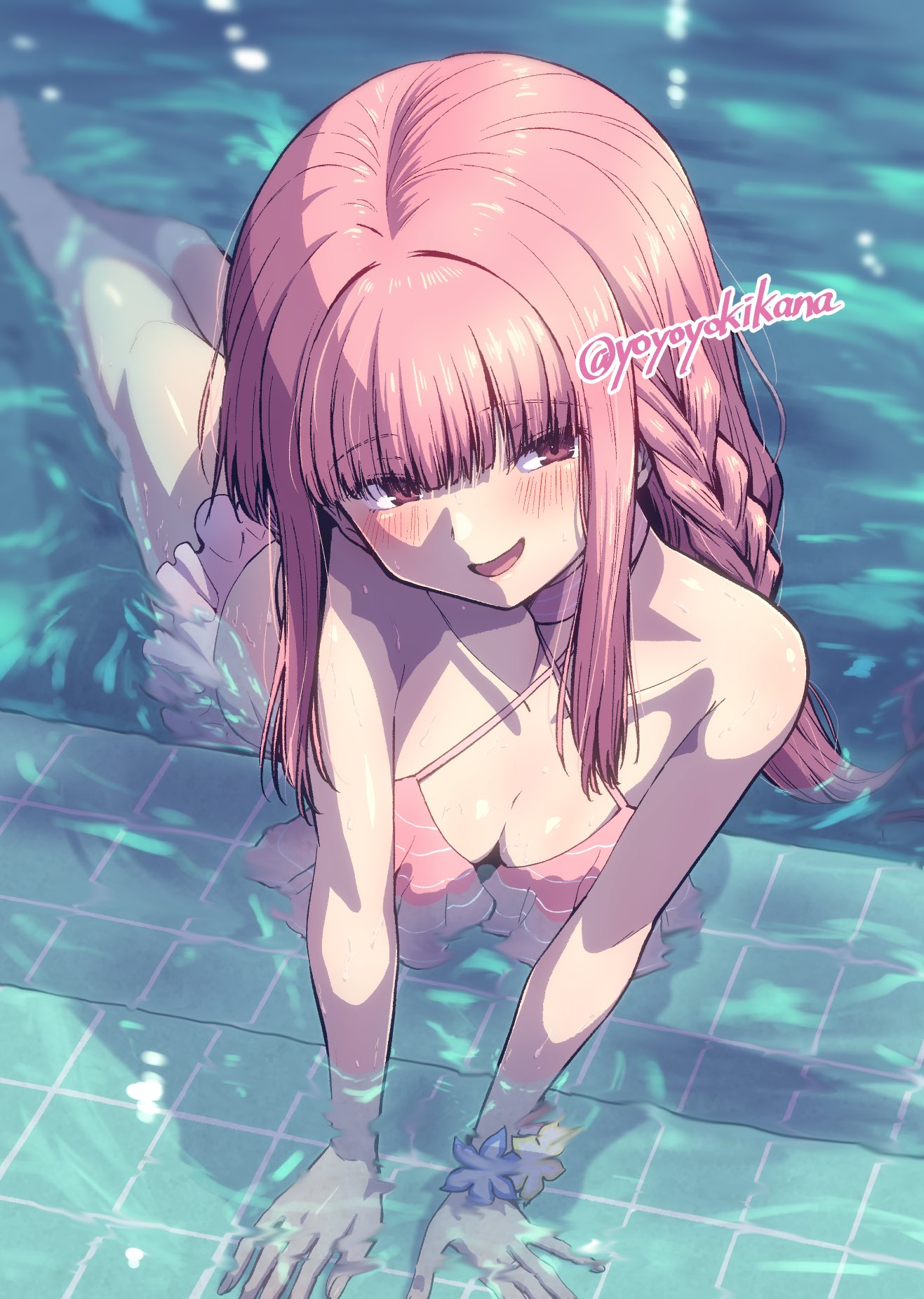 touyu (yuruyuruto), tamaki iroha, tamaki iroha (swimsuit costume), magia record: mahou shoujo madoka magica gaiden, mahou shoujo madoka magica, highres, 1girl, bare shoulders, bikini, blue flower, blunt bangs, blush, bracelet, braid, breasts, cleavage, collarbone, criss-cross halter, feet out of frame, flower, flower bracelet, frilled bikini, frills, halterneck, happy, jewelry, long hair, looking at viewer, official alternate costume, open mouth, partially submerged, pink bikini, pink eyes, pink hair, pool, ripples, shadow, side braid, sidelocks, single braid, smile, solo, stairs, swimming, swimsuit, twitter username, yellow flower