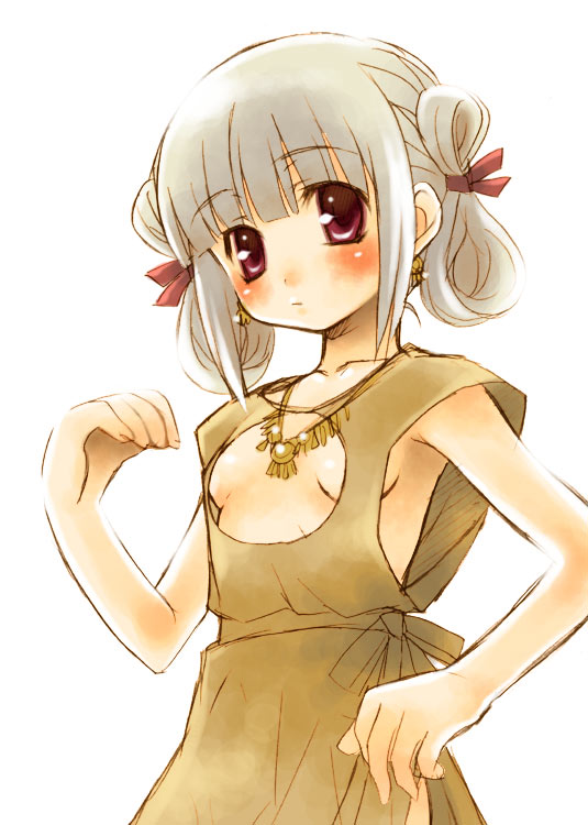 1girl, blush, breasts, cleavage cutout, clothing cutout, dress, female focus, jewelry, loli, necklace, no bra, red eyes, small breasts, solo, twintails, underboob, white hair