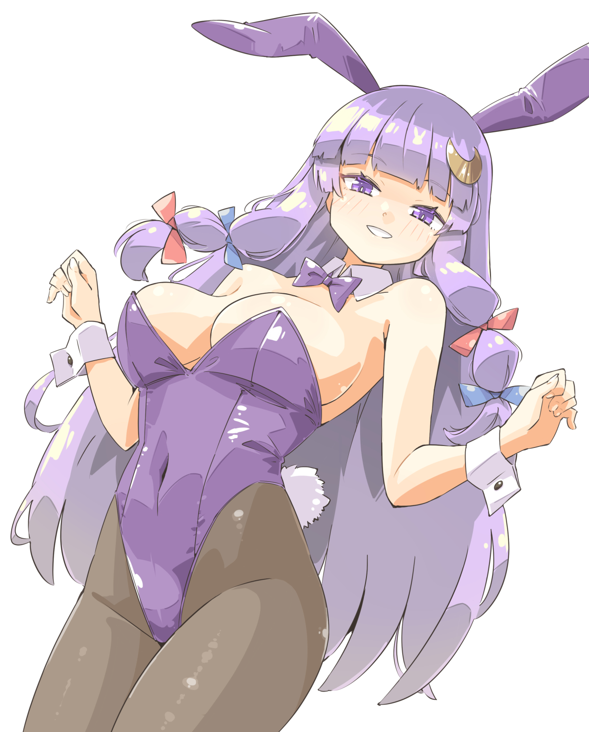 arnest, patchouli knowledge, touhou, highres, 1girl, animal ears, bare shoulders, black pantyhose, blush, bow, bowtie, breasts, bunny day, cleavage, cowboy shot, crescent, detached collar, fake animal ears, hair bow, hat ornament, leotard, long hair, looking at viewer, medium breasts, pantyhose, playboy bunny, purple eyes, purple hair, purple leotard, rabbit ears, rabbit tail, ribbon, solo, strapless, strapless leotard, tail, wrist cuffs