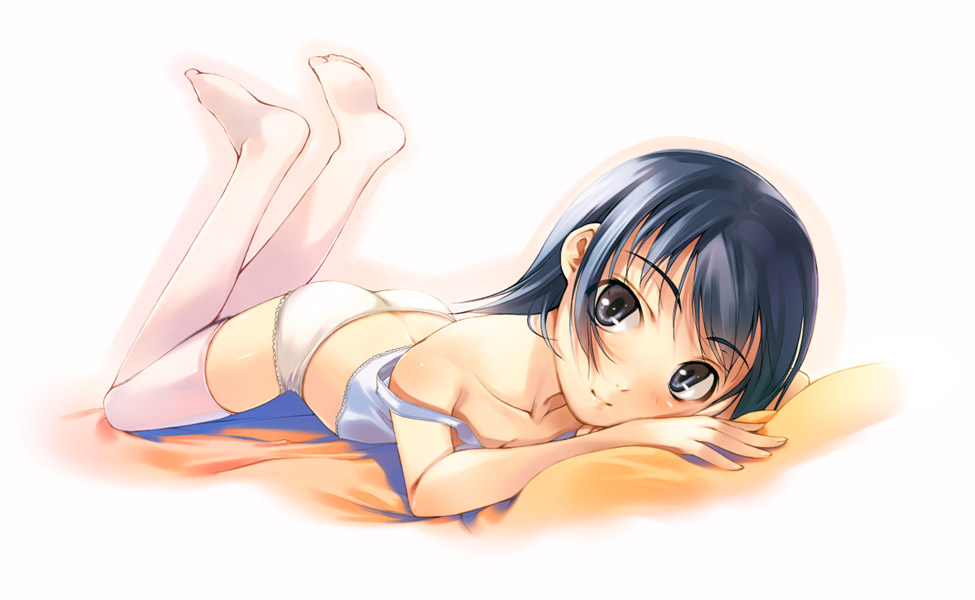simosi, original, 1girl, black eyes, black hair, blush, camisole, female focus, gradient background, lace, lace-trimmed panties, lace trim, legs up, lingerie, lying, on stomach, panties, short hair, simple background, smile, solo, thighhighs, underwear, white background, white panties, white thighhighs