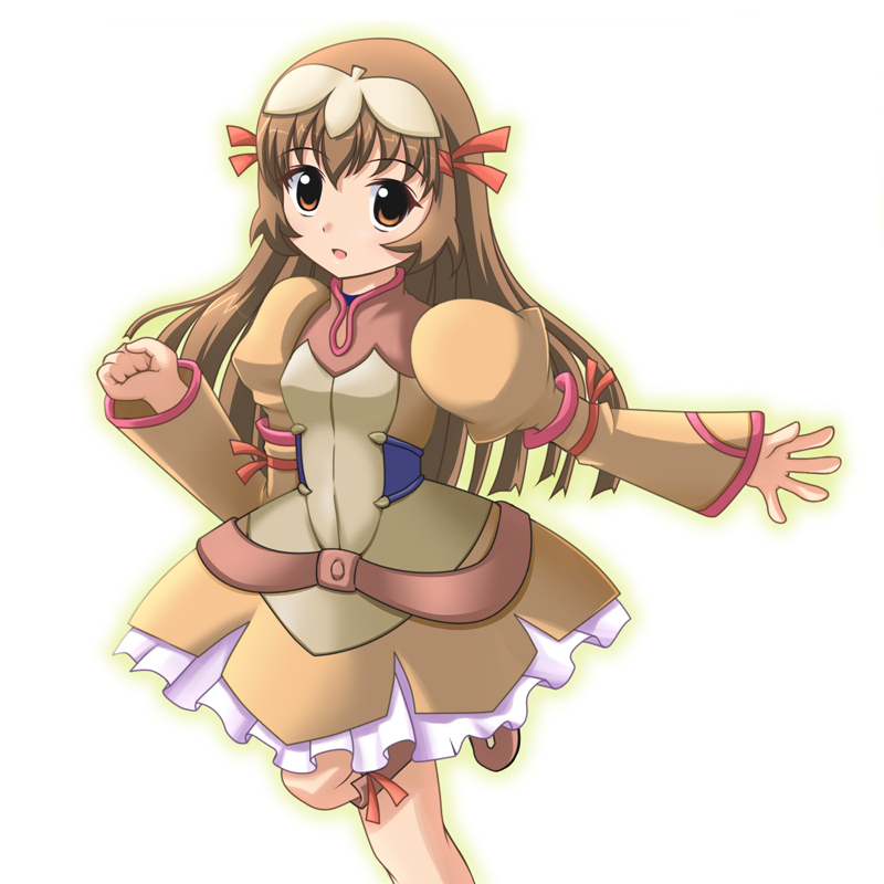 hyokkori tamago, re mii, zoids, zoids genesis, 00s, 1girl, belt, boots, brown boots, brown dress, brown eyes, brown hair, dress, female focus, long hair, puffy sleeves, simple background, smile, solo, standing, standing on one leg, white background