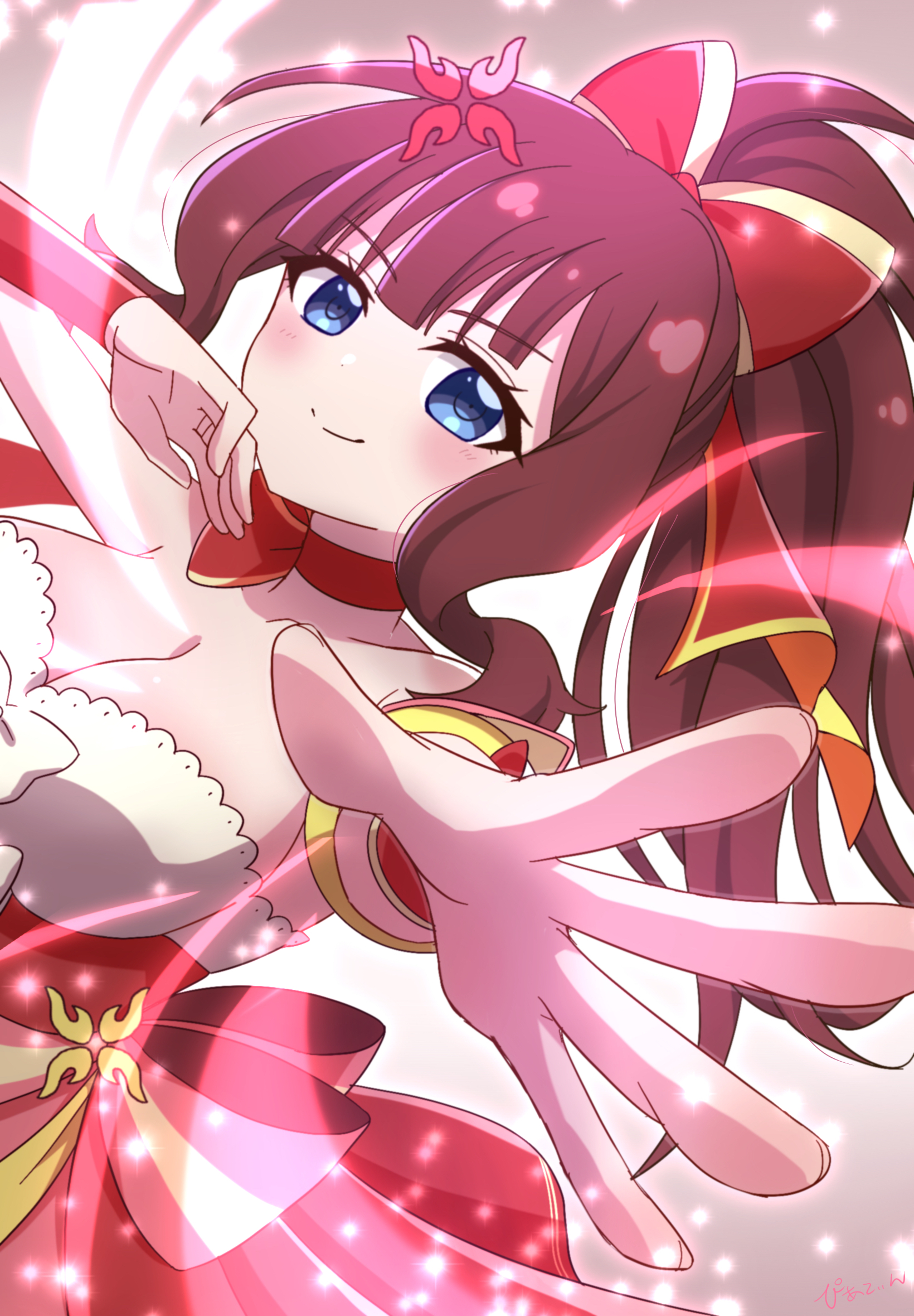 piatin, kaede johan nouvel, assault lily, commentary request, highres, 1girl, armpit crease, bare shoulders, blue eyes, blunt bangs, blush, bow, bow choker, breasts, brown hair, choker, cleavage, closed mouth, detached sleeves, dress, dress bow, foreshortening, gradient background, grey background, hair bow, hair ornament, hands up, high ponytail, jewelry, large breasts, long hair, looking at viewer, magical girl, official alternate costume, official alternate hairstyle, outstretched arm, ponytail, reaching, reaching towards viewer, red bow, red choker, red dress, ring, sidelocks, smile, solo, strapless, strapless dress, two-tone dress, upper body, white bow, white dress