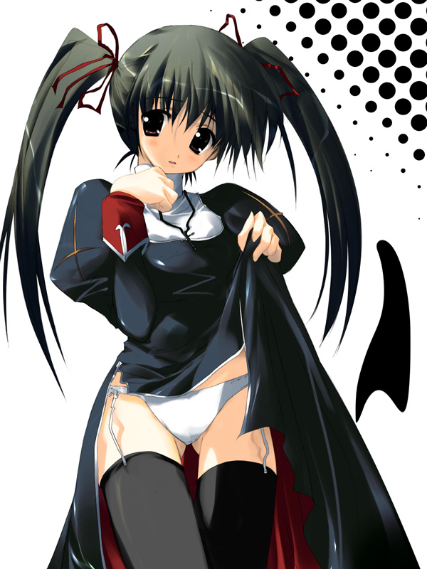 es (glasscastle), priest (ragnarok online), ragnarok online, 1girl, black eyes, black hair, black thighhighs, blush, clothes lift, dress, dress lift, female focus, garter belt, hair ribbon, lingerie, nun, panties, priest, priestess, ribbon, side-tie panties, skirt, skirt lift, solo, standing, thigh gap, thighhighs, thighs, twintails, underwear, white panties