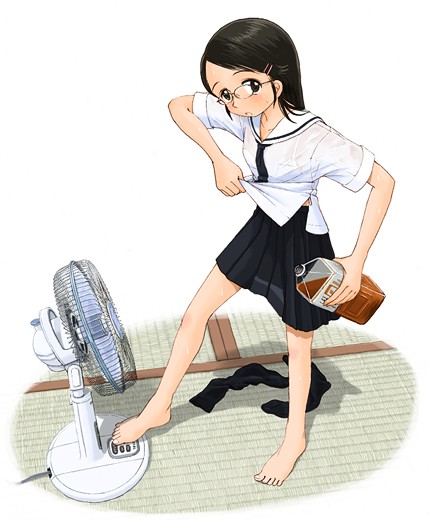 amta, gozenta, original, 1girl, barefoot, black hair, electric fan, female focus, glasses, hair ornament, hairclip, hot, looking at viewer, pleated skirt, school uniform, serafuku, skirt, socks, solo, sweat, tatami, unworn socks