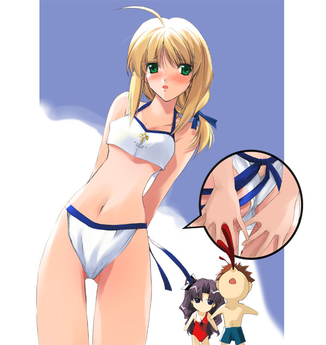 nagare hyougo, artoria pendragon (fate), emiya shirou, saber (fate), tohsaka rin, fate/stay night, fate (series), 00s, 1boy, 2girls, ahoge, alternate costume, bikini, blonde hair, blood, blush, chibi, chibi inset, covering ass, covering privates, green eyes, hair down, multiple girls, nosebleed, swimsuit