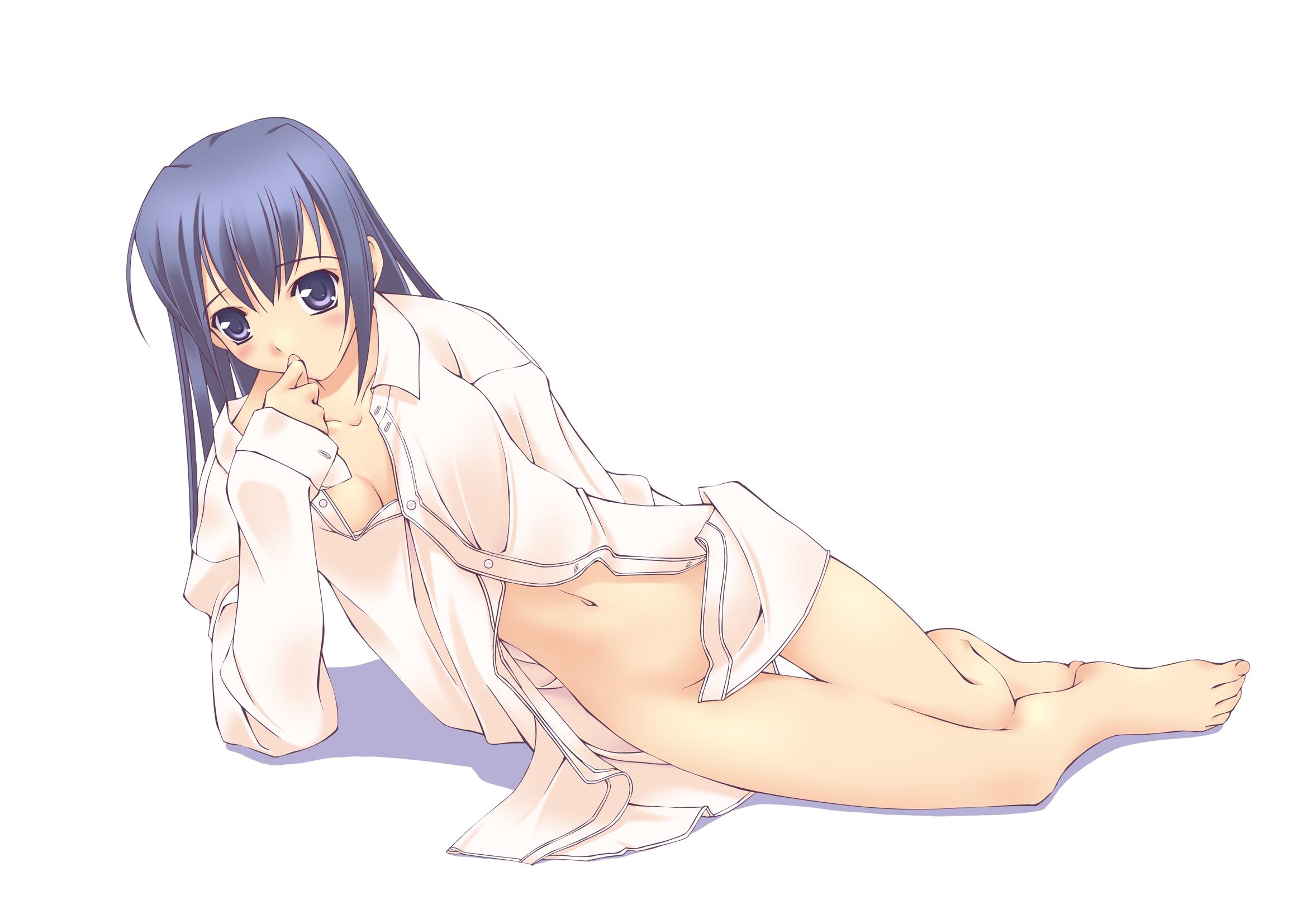 murakami suigun, highres, barefoot, blue eyes, blue hair, blush, dress shirt, naked shirt, no bra, no panties, shirt, solo