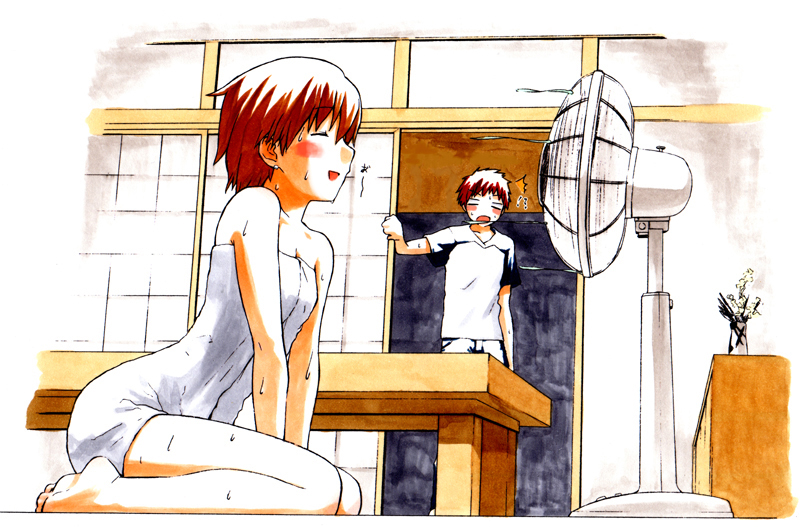jas (littlecrime), emiya shirou, fujimura taiga, fate/stay night, fate (series), marker (medium), traditional media, 00s, 1boy, 1girl, ^^^, bare legs, bare shoulders, barefoot, blush, electric fan, fan speaking, fanning face, fanning self, feet, indoors, naked towel, seiza, short hair, sitting, surprised, talking into fan, towel, v arms, wet