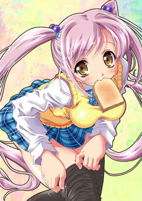 kusui aruta, plaid neckwear, 1girl, black thighhighs, blush, bow, bowtie, bread, bread slice, brown eyes, female focus, food, food in mouth, hair bobbles, hair ornament, long hair, looking at viewer, mouth hold, pink hair, plaid bow, plaid bowtie, plaid clothes, plaid skirt, pleated skirt, school uniform, serafuku, shirt, skirt, solo, sweater, sweater vest, thighhighs, thighhighs pull, toast, toast in mouth, twintails, very long hair, vest, white shirt, zettai ryouiki