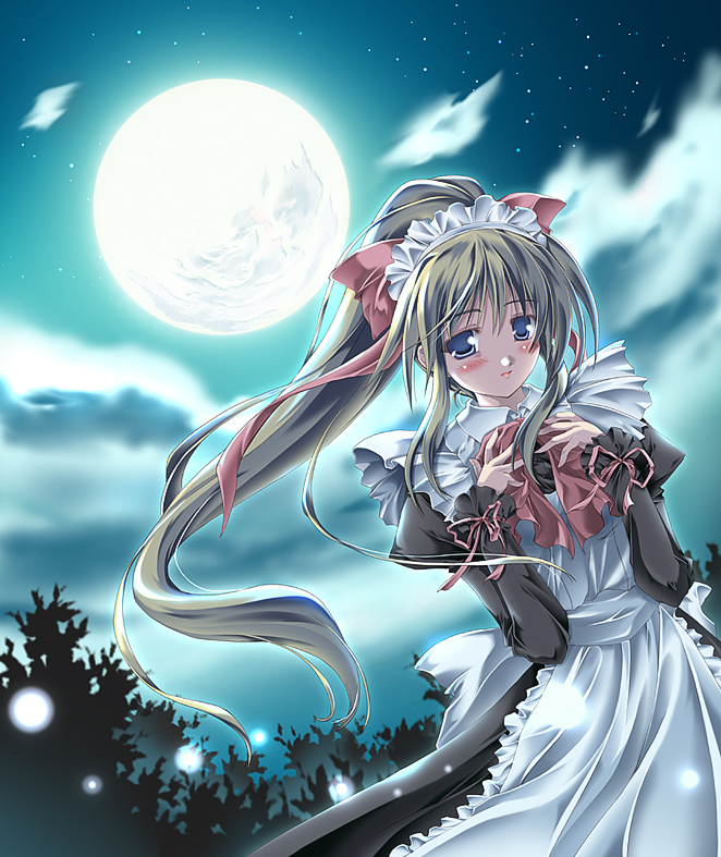 yonekura kihiro, original, 1girl, blonde hair, blue eyes, blush, female focus, full moon, light particles, long hair, maid, moon, night, night sky, ponytail, sky, solo, star (sky), starry sky