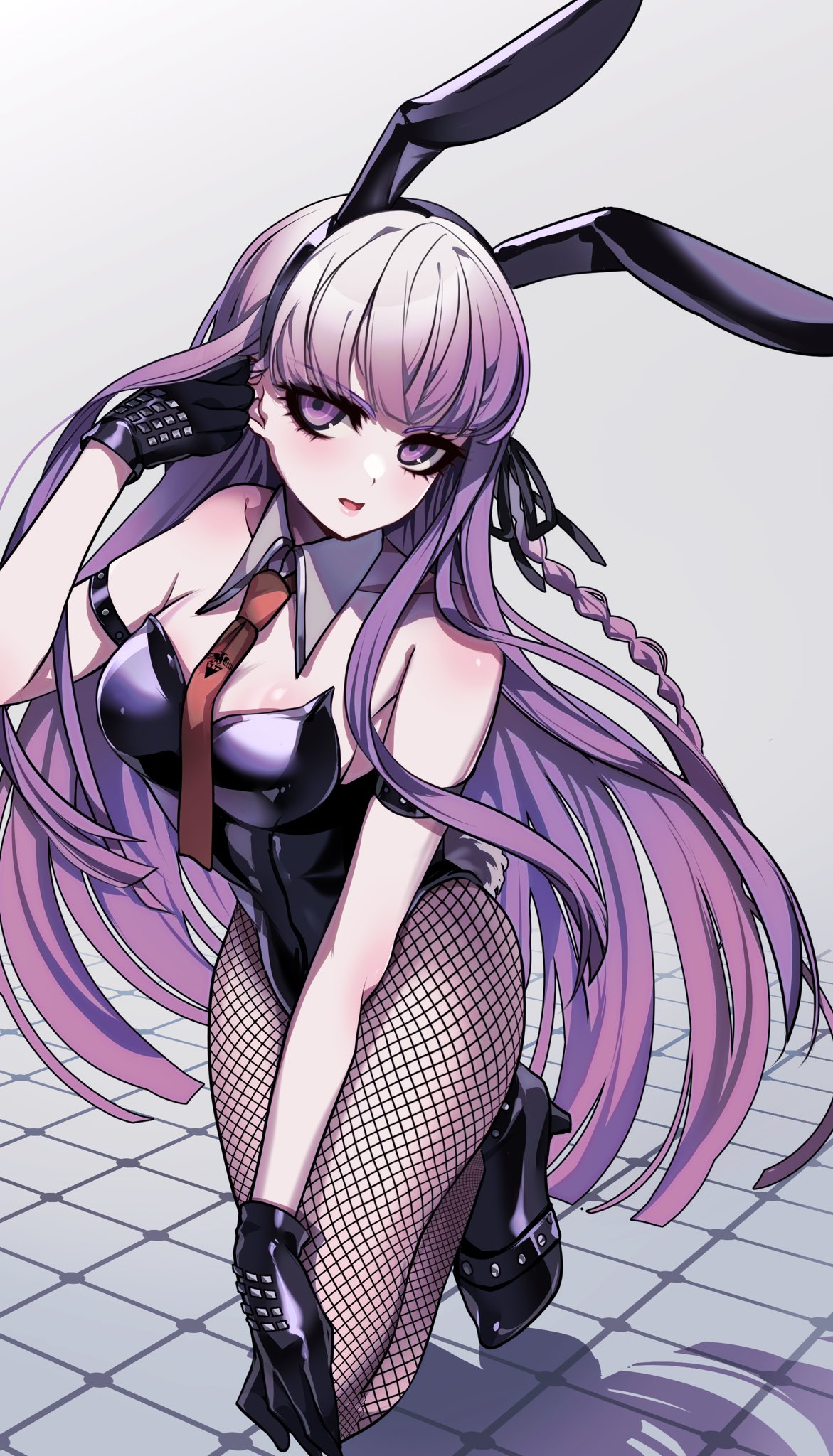 nota sayaka, kirigiri kyoko, danganronpa: trigger happy havoc, danganronpa (series), commentary, highres, 1girl, animal ears, bare shoulders, black gloves, black leotard, black ribbon, braid, bunny day, collarbone, detached collar, fake animal ears, fishnet pantyhose, fishnets, gloves, hair ribbon, leotard, long hair, necktie, official alternate costume, orange necktie, pantyhose, playboy bunny, purple eyes, purple hair, rabbit ears, ribbon, shadow, solo, very long hair