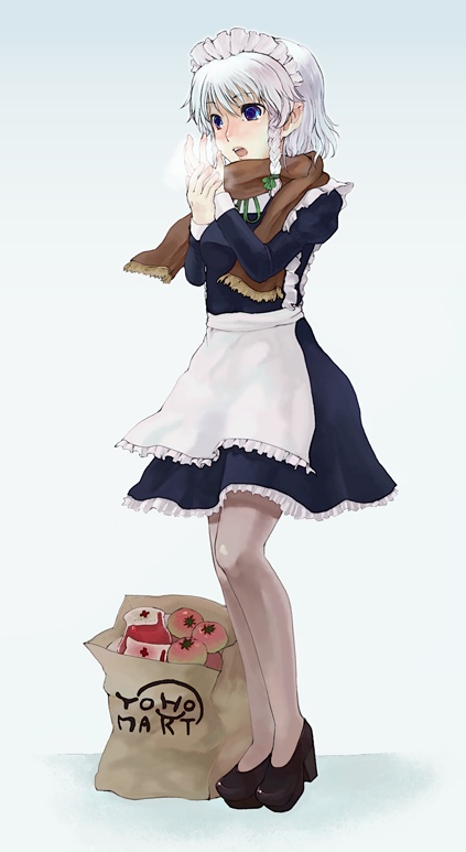 xero, izayoi sakuya, bohemian archive in japanese red, perfect cherry blossom, touhou, silver hair, 1girl, apron, bag, blood, blood bag, blush, braid, breath, brown scarf, female focus, food, full body, maid, maid apron, maid headdress, pantyhose, paper bag, scarf, shopping, short hair, solo, standing, tomato, twin braids