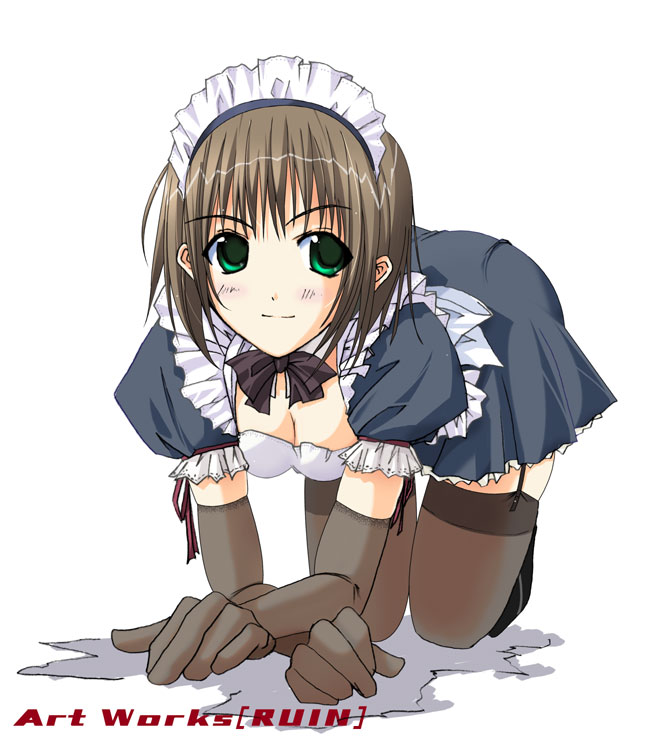hiro (art works ruin), original, 1girl, all fours, breasts, brown hair, cleavage, elbow gloves, female focus, garter straps, gloves, green eyes, looking at viewer, maid, maid headdress, short hair, simple background, smile, solo, split mouth, thighhighs, white background, zettai ryouiki
