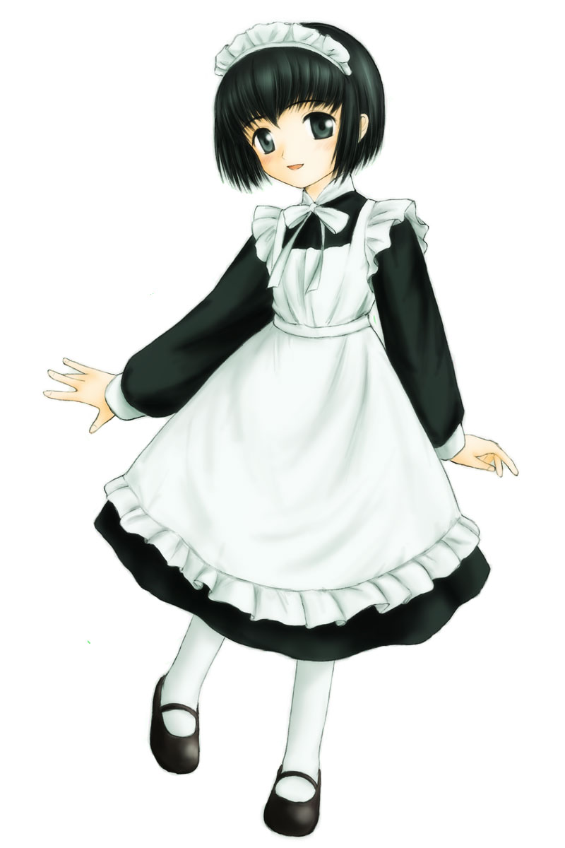 shirley medison, shirley (manga), highres, 1girl, black hair, black shoes, bob cut, female focus, grey eyes, maid, maid headdress, mary janes, pantyhose, shoes, short hair, simple background, smile, solo, white background, white pantyhose