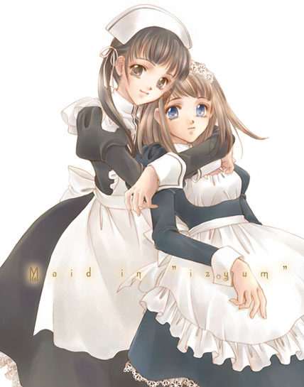 minakami kaori, original, 2girls, apron, arms around neck, brown eyes, brown hair, frills, green eyes, hug, hug from behind, maid, maid apron, multiple girls, product placement, yuri