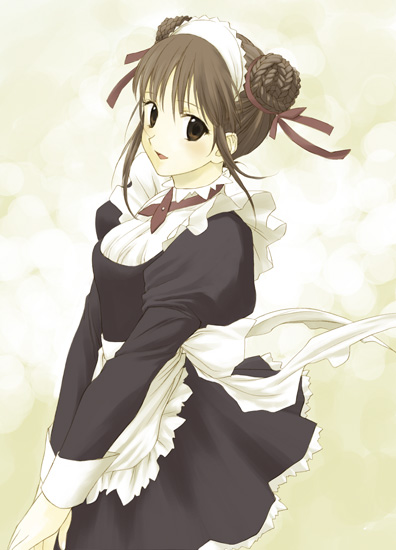 artist request, tagme, 1girl, brown hair, double bun, female focus, hair bun, maid, solo