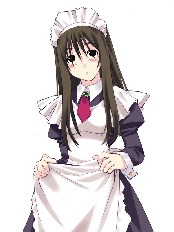 murakami suigun, oono kanako, genshiken, 00s, 1girl, apron, apron lift, black hair, breasts, clothes lift, female focus, long hair, long sleeves, maid, maid headdress, medium breasts, mole, mole under eye, mole under mouth, simple background, solo, white background
