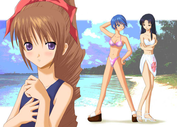kiryuu mimori, scheris adjani, yuuta kanami, scryed, 00s, 3girls, beach, bikini, blush, bow, breast envy, breasts, day, multiple girls, one-piece swimsuit, open shoes, outdoors, pink bow, sarong, school swimsuit, string bikini, swimsuit