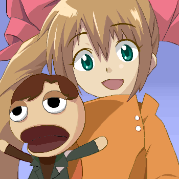 kanami, kazuma (scryed), pucchan, tamura yukari, yuuta kanami, gokujou seitokai, scryed, lowres, 1girl, bow, crossover, female focus, orange shirt, parody, pink bow, puppet, shirt, solo, voice actor connection
