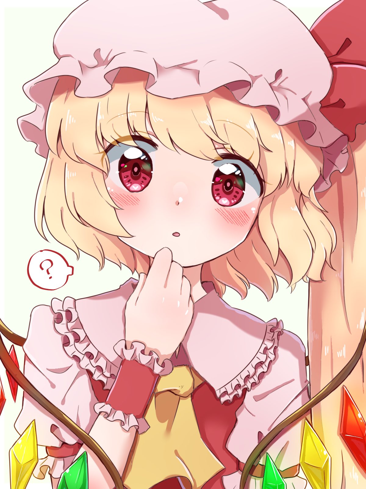 tanikake yoku, flandre scarlet, touhou, commentary, highres, 1girl, ?, ascot, blonde hair, blush, collared shirt, crystal, crystal wings, frilled shirt collar, frills, hat, hat ribbon, long hair, looking at viewer, mob cap, multicolored wings, one side up, open mouth, pink hat, pink shirt, red eyes, red ribbon, red vest, ribbon, shirt, solo, spoken question mark, vest, wings, yellow ascot