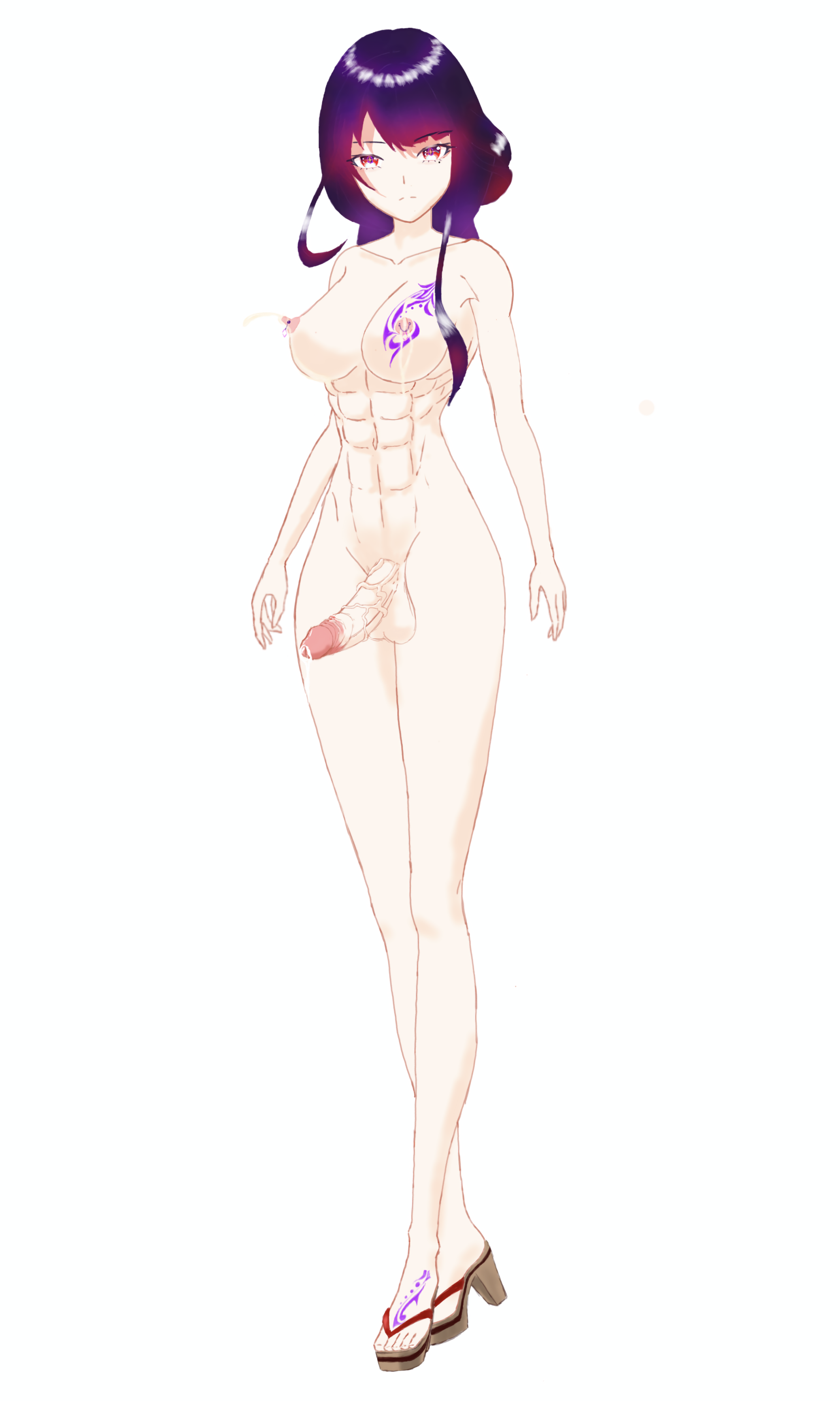 raiden shogun, genshin impact, absurdres, highres, non-web source, 1girl, abs, black hair, breast tattoo, breasts, feet, futanari, high heels, huge penis, huge testicles, kuudere, lactation, large breasts, long hair, muscular, nipple piercing, penis, piercing, projectile lactation, purple hair, red eyes, tattoo, testicles, thick thighs, thighs, veins, veiny penis