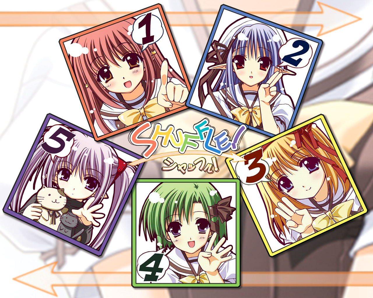 fuyou kaede, lisianthus, nerine, primula, shigure asa, shuffle!, silver hair, official art, official wallpaper, 00s, 5girls, blue eyes, blue hair, blush, brown eyes, chibi, finger counting, green hair, hair ornament, hair ribbon, long hair, multiple girls, orange hair, pointy ears, purple eyes, red eyes, red hair, ribbon, school uniform, short hair, twintails