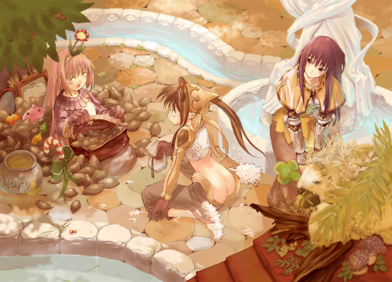 morii shizuki, merchant (ragnarok online), swordsman (ragnarok online), thief (ragnarok online), ragnarok online, duplicate, 3girls, apple, ass, butt crack, candy, candy cane, carrot, clover, flower, food, fountain, four-leaf clover, fruit, honey, kneeling, multiple girls, no panties, sweet potato, water
