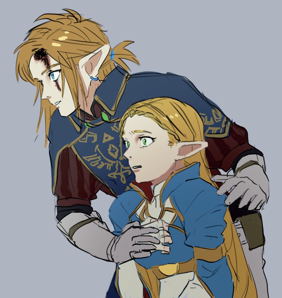 oshio 0809, link, princess zelda, nintendo, the legend of zelda, the legend of zelda: breath of the wild, commentary request, highres, 1boy, 1girl, aqua eyes, arm around shoulder, blood, blood in hair, blood on face, blue capelet, blue shirt, breasts, capelet, earrings, furrowed brow, gold trim, green eyes, grey background, hair tie, jewelry, low ponytail, medium breasts, parted lips, pointy ears, ponytail, red shirt, royal guard set (zelda), shirt, sketch, tiara, triforce, upper body, wide-eyed