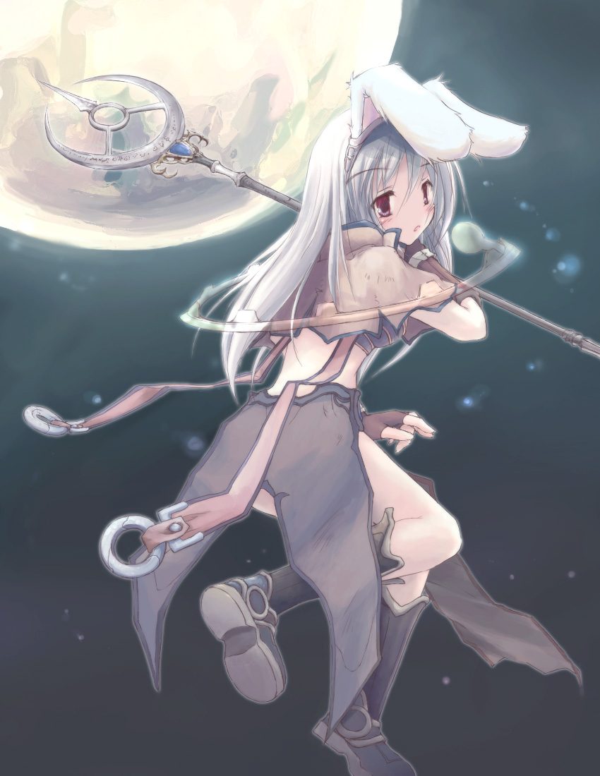 sage (ragnarok online), ragnarok online, tagme, animal ears, full moon, hair between eyes, moon, rabbit ears, solo, staff