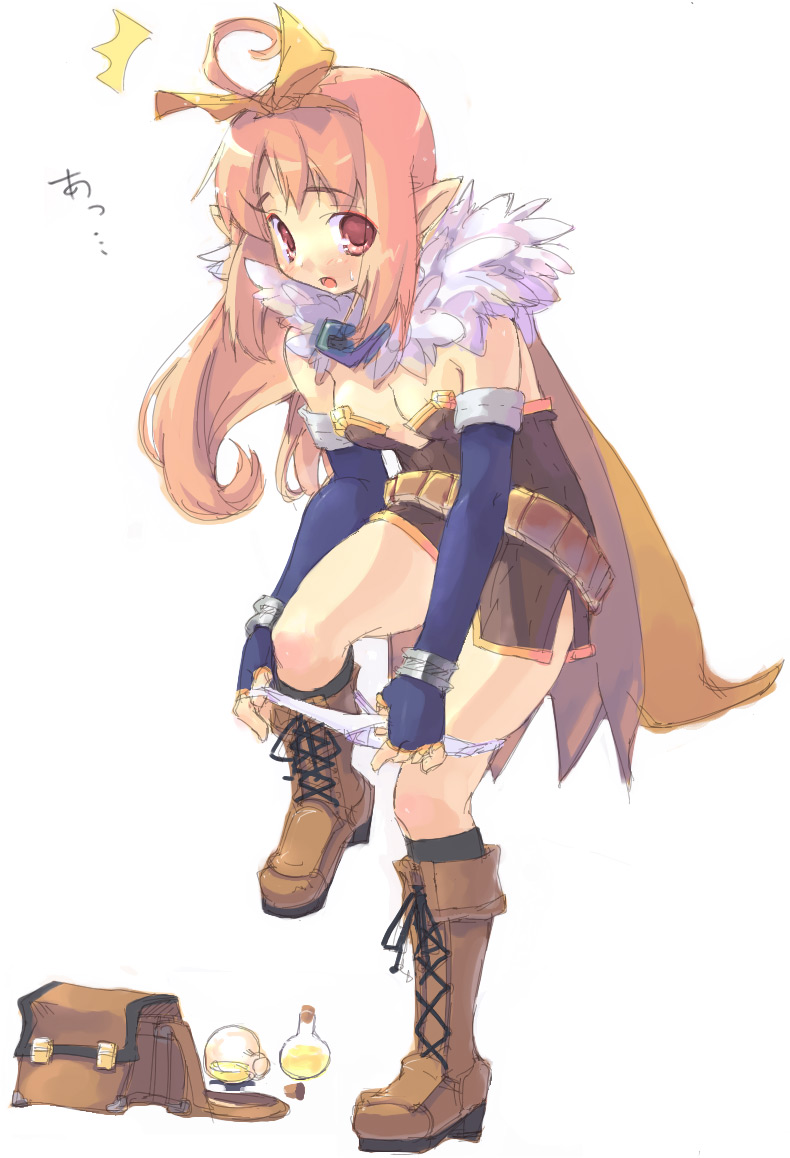 alchemist (ragnarok online), ragnarok online, 1girl, alchemist, bag, boots, brown boots, female focus, flask, full body, gloves, lace-up boots, panties, panty pull, peeing, pink hair, pointy ears, potion, ribbon, round-bottom flask, socks, solo, surprised, underwear, undressing, white panties, yellow ribbon