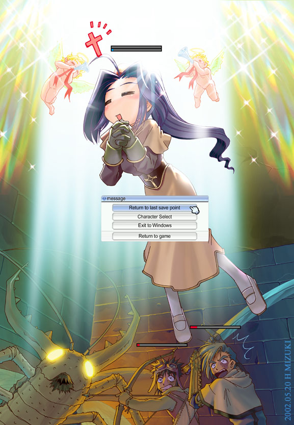 mizuki hitoshi, acolyte (ragnarok online), archer (ragnarok online), golden thief bug, swordsman (ragnarok online), ragnarok online, 1girl, 2boys, = =, ^^^, ahoge, arrow (projectile), blue eyes, bow (weapon), cherub, cross, culvert, cursor, dated, death, gameplay mechanics, gloom (expression), glowing, glowing eyes, goggles, greatsword, health bar, holding, holding bow (weapon), holding sword, holding weapon, long hair, menu, multiple boys, mvp, priest, purple hair, short hair, sword, user interface, weapon, window (computing)
