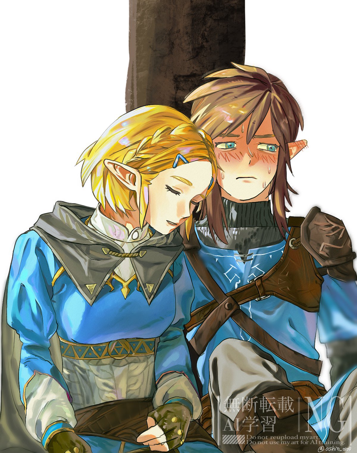 oshio 0809, link, princess zelda, nintendo, the legend of zelda, the legend of zelda: tears of the kingdom, commentary request, highres, 1boy, 1girl, armor, black gloves, blue eyes, blue shirt, blue tunic, blush, braid, breasts, champion's tunic (zelda), closed eyes, couple, crown braid, ear blush, fingerless gloves, furrowed brow, gloves, grey cloak, grey pants, hair between eyes, hair ornament, hairclip, hetero, juliet sleeves, leaning on person, long sleeves, medium breasts, pants, parted bangs, parted lips, pointy ears, puffy sleeves, shirt, short hair, shoulder armor, sidelocks, sitting, smile, sweatdrop, tree, triforce, tunic, under tree, white background