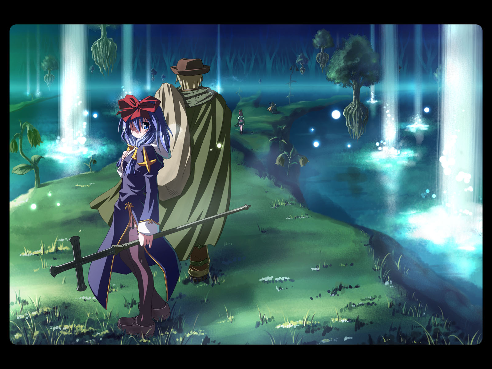 yuuki tatsuya, hunter (ragnarok online), knight (ragnarok online), priest (ragnarok online), ragnarok online, habit, highres, 1boy, 3girls, belt, blonde hair, blue hair, blush, boots, bow, bow (weapon), cape, cloak, cross, floating, forest, garter belt, glowing, grass, hair bow, hair over one eye, hand on own chest, hat, holding, knight, latin cross, long hair, looking back, miniskirt, multiple girls, nature, plant, priest, puffy sleeves, sack, shoes, short hair, side slit, sidelocks, skirt, sparkle, staff, thighhighs, tree, walking, water, waterfall, weapon