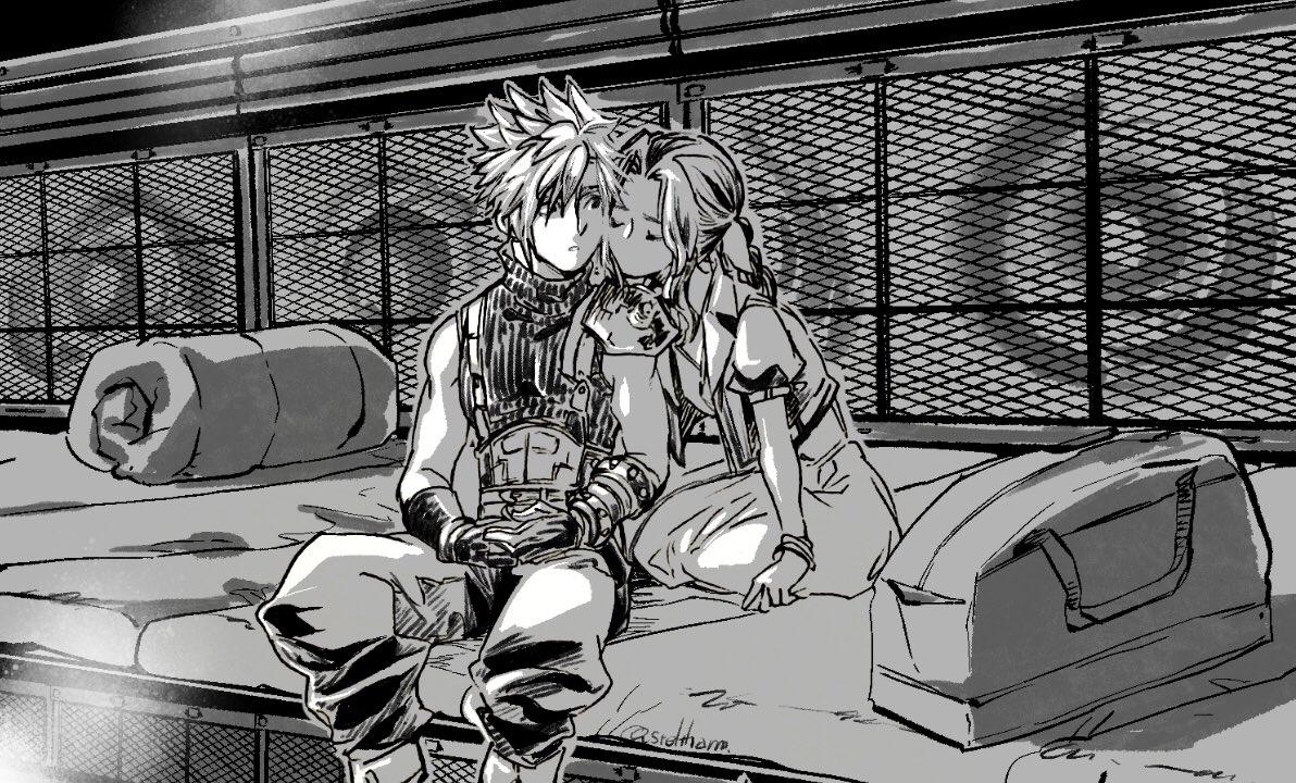 steltharm, aerith gainsborough, cloud strife, final fantasy, final fantasy vii, final fantasy vii remake, 1boy, 1girl, armor, baggy pants, bangle, belt, black gloves, boots, bracelet, braid, braided ponytail, closed eyes, couple, cropped jacket, gloves, greyscale, hair between eyes, hair ornament, hetero, jewelry, looking at another, monochrome, multiple belts, pants, parted bangs, pauldrons, puffy short sleeves, puffy sleeves, short hair, short sleeves, shoulder armor, sidelocks, single bare shoulder, single braid, single pauldron, sitting, sleeping bag, sleeveless, sleeveless turtleneck, spiked hair, suspenders, turtleneck