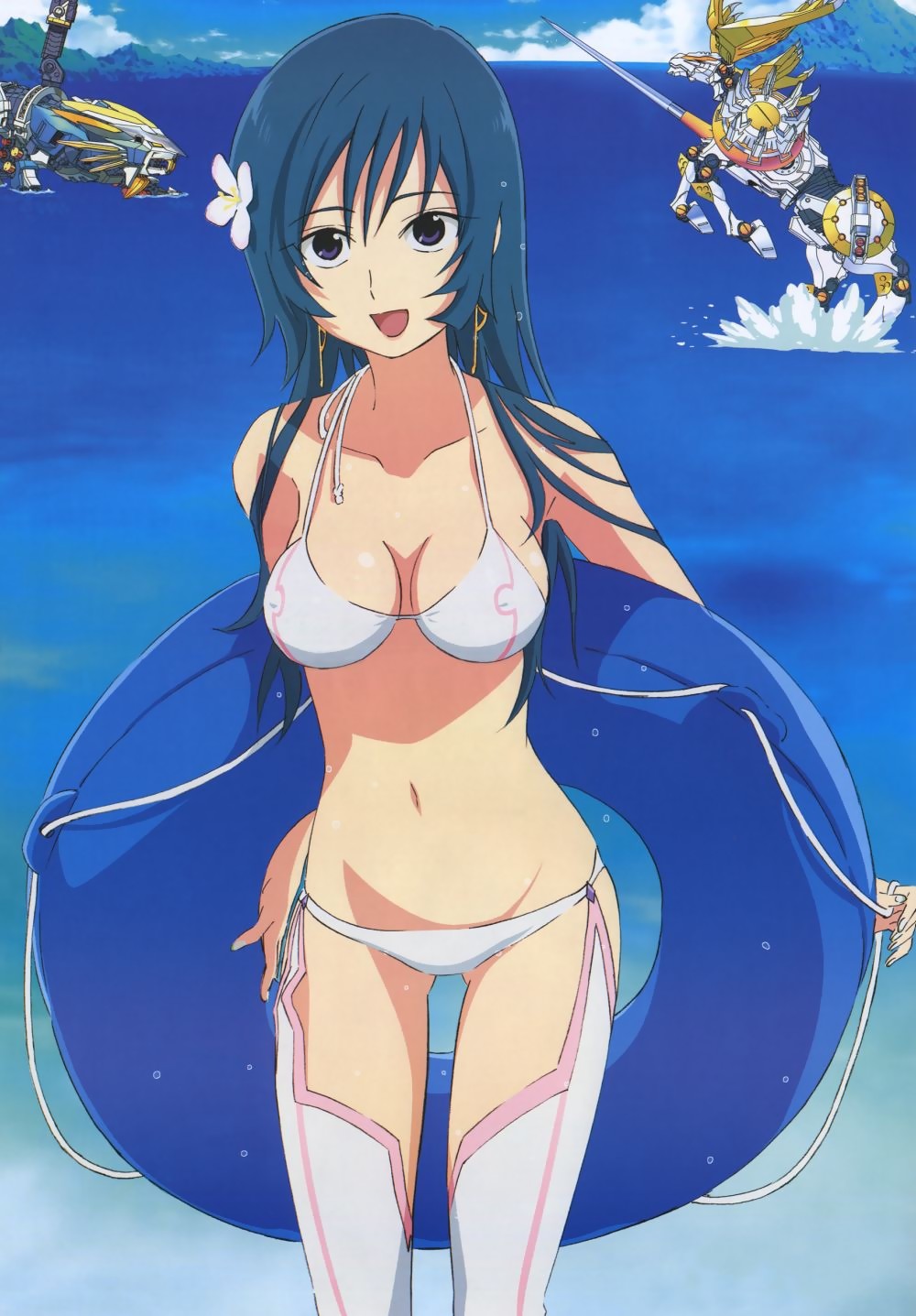 sakai kyuuta, kotona elegance, lanstag, murasame liger, zoids, zoids genesis, highres, official art, scan, 00s, 1girl, :d, arms behind back, battle, bikini, blue eyes, blue hair, breasts, breasts apart, cleavage, cloud, covered erect nipples, cowboy shot, day, earrings, female focus, flower, garter straps, groin, hair flower, hair ornament, hair over shoulder, holding, innertube, jewelry, lance, lion, long hair, looking at viewer, lowleg, lowleg bikini, matching hair/eyes, mecha, medium breasts, mountain, navel, ocean, open mouth, outdoors, polearm, robot, rope, sideboob, sky, smile, solo, splashing, standing, string bikini, swim ring, swimsuit, thighhighs, water, weapon, wet, wet hair, white bikini, white thighhighs