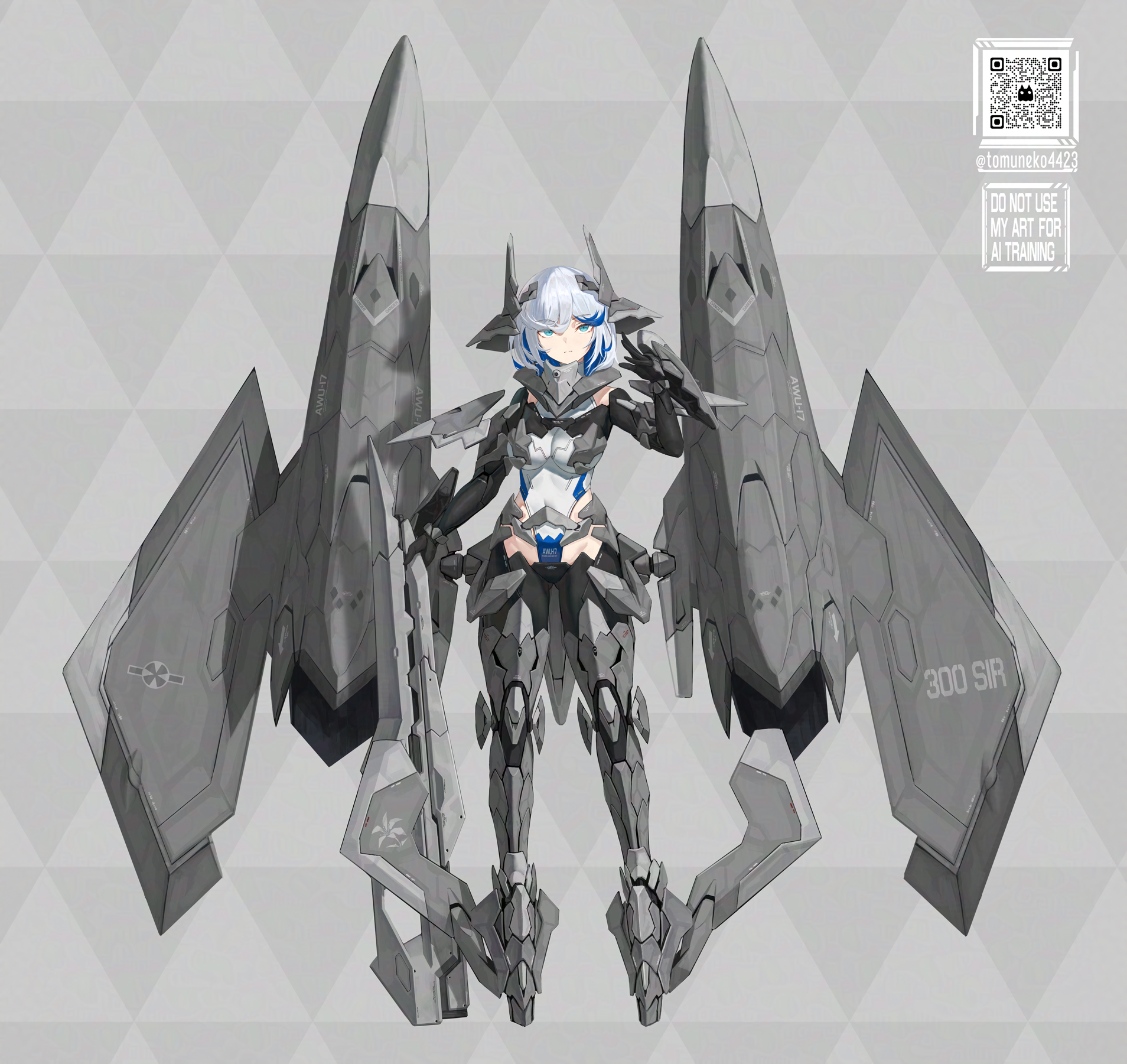 tom-neko (zamudo akiyuki), original, highres, 1girl, armor, blue eyes, blue hair, colored inner hair, full body, grey hair, headgear, looking at viewer, mecha musume, multicolored hair, short hair, standing, thrusters, two-tone hair