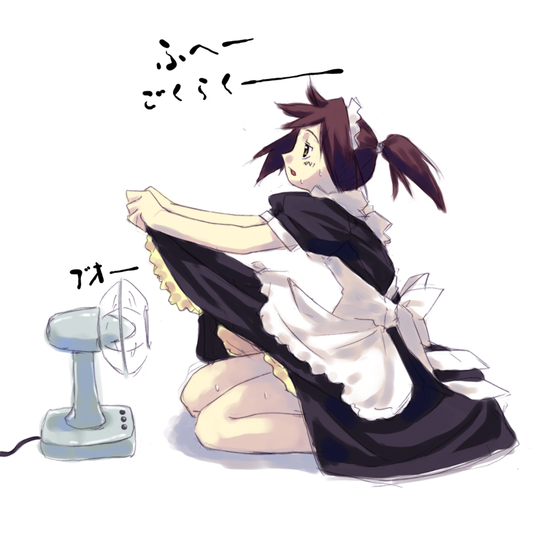 murakami suigun, 1girl, clothes lift, dress, dress lift, electric fan, fanning crotch, fanning self, female focus, hot, lifting own clothes, maid, maid headdress, ponytail, simple background, skirt, skirt lift, solo, white background