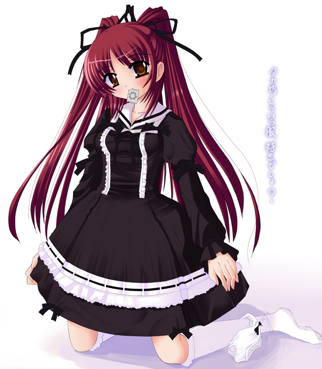 kousaka tamaki, to heart (series), to heart 2, 00s, 1girl, black theme, bow, bow panties, brown eyes, condom, condom in mouth, condom wrapper, female focus, goth fashion, kneehighs, kneeling, long hair, mouth hold, panties, panties around leg, red hair, socks, solo, underwear, white panties