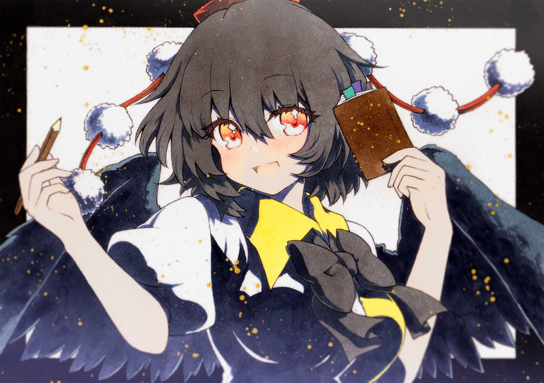 rinka (qqqrinkappp), shameimaru aya, touhou, highres, 1girl, black bow, black bowtie, black hair, black wings, blush, bow, bowtie, breasts, hair between eyes, hat, holding, holding notepad, holding pencil, looking at viewer, medium breasts, medium hair, notepad, open mouth, pencil, pom pom (clothes), red eyes, shirt, short sleeves, smile, solo, tokin hat, two-tone shirt, upper body, white shirt, wings, yellow shirt