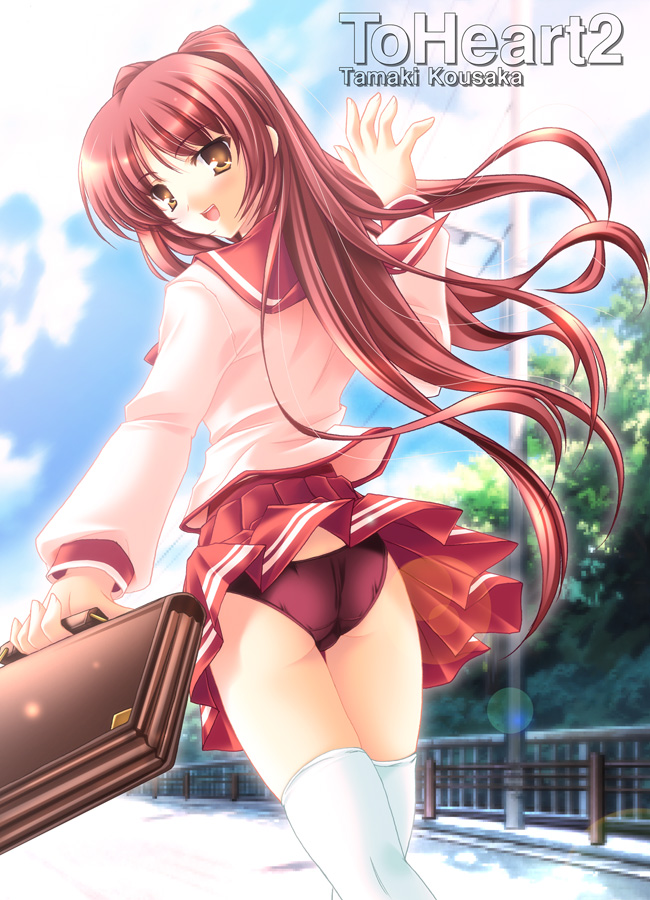 akino shin, kousaka tamaki, to heart (series), to heart 2, 00s, 1girl, ass, bag, black panties, blush, brown eyes, character name, copyright name, female focus, long hair, looking back, panties, pantyshot, pleated skirt, red hair, school bag, school uniform, serafuku, skirt, smile, solo, standing, thighhighs, underwear, upskirt, walking, white thighhighs, wind, wind lift, zettai ryouiki