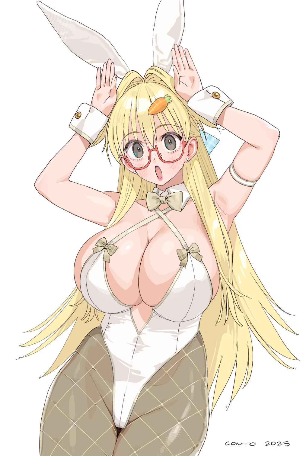 conto, catherine (conto), original, highres, 1girl, 2025, animal ears, black pantyhose, blonde hair, breasts, bunny day, cleavage, glasses, hair intakes, large breasts, leotard, long hair, pantyhose, playboy bunny, rabbit ears, simple background, white background