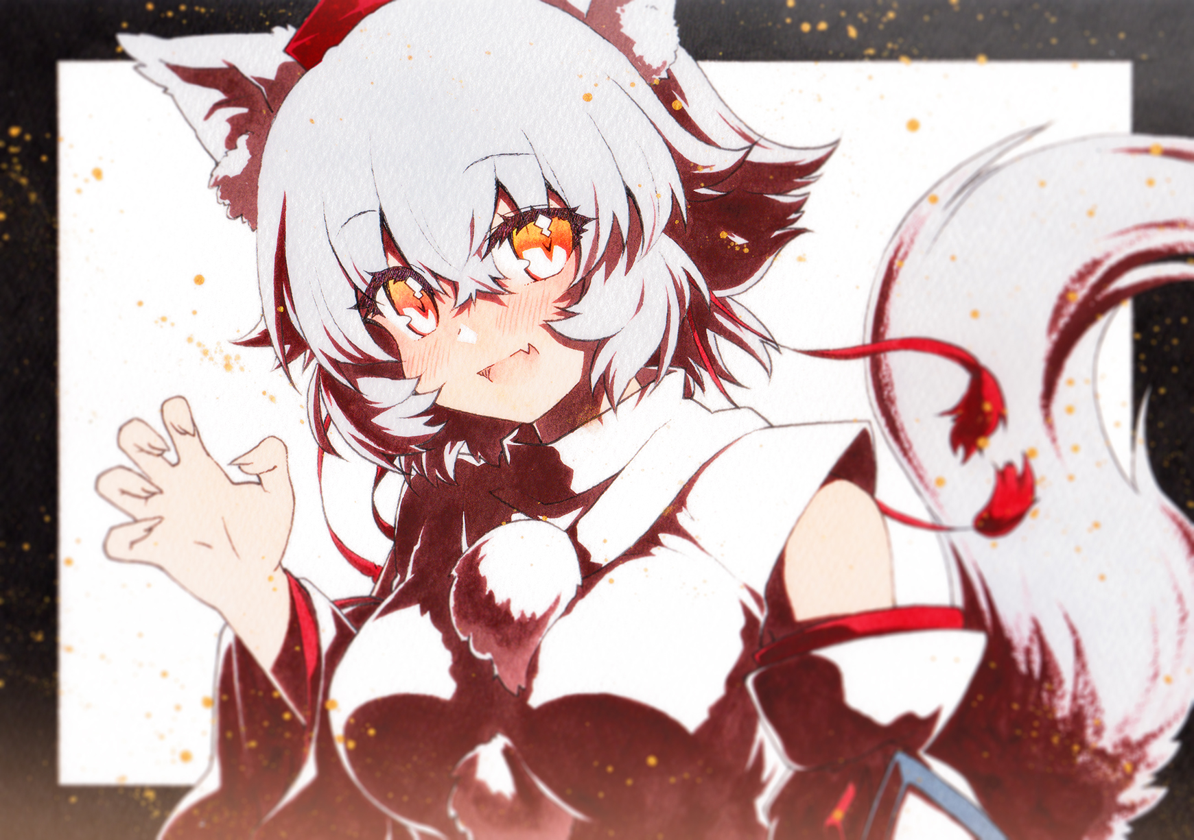 rinka (qqqrinkappp), inubashiri momiji, touhou, highres, 1girl, animal ear fluff, animal ears, bare shoulders, blush, breasts, detached sleeves, fang, hair between eyes, hat, medium breasts, medium hair, open mouth, paw pose, pom pom (clothes), red eyes, shirt, skin fang, sleeveless, sleeveless shirt, smile, solo, tail, tokin hat, upper body, white hair, white shirt, wolf ears, wolf girl, wolf tail