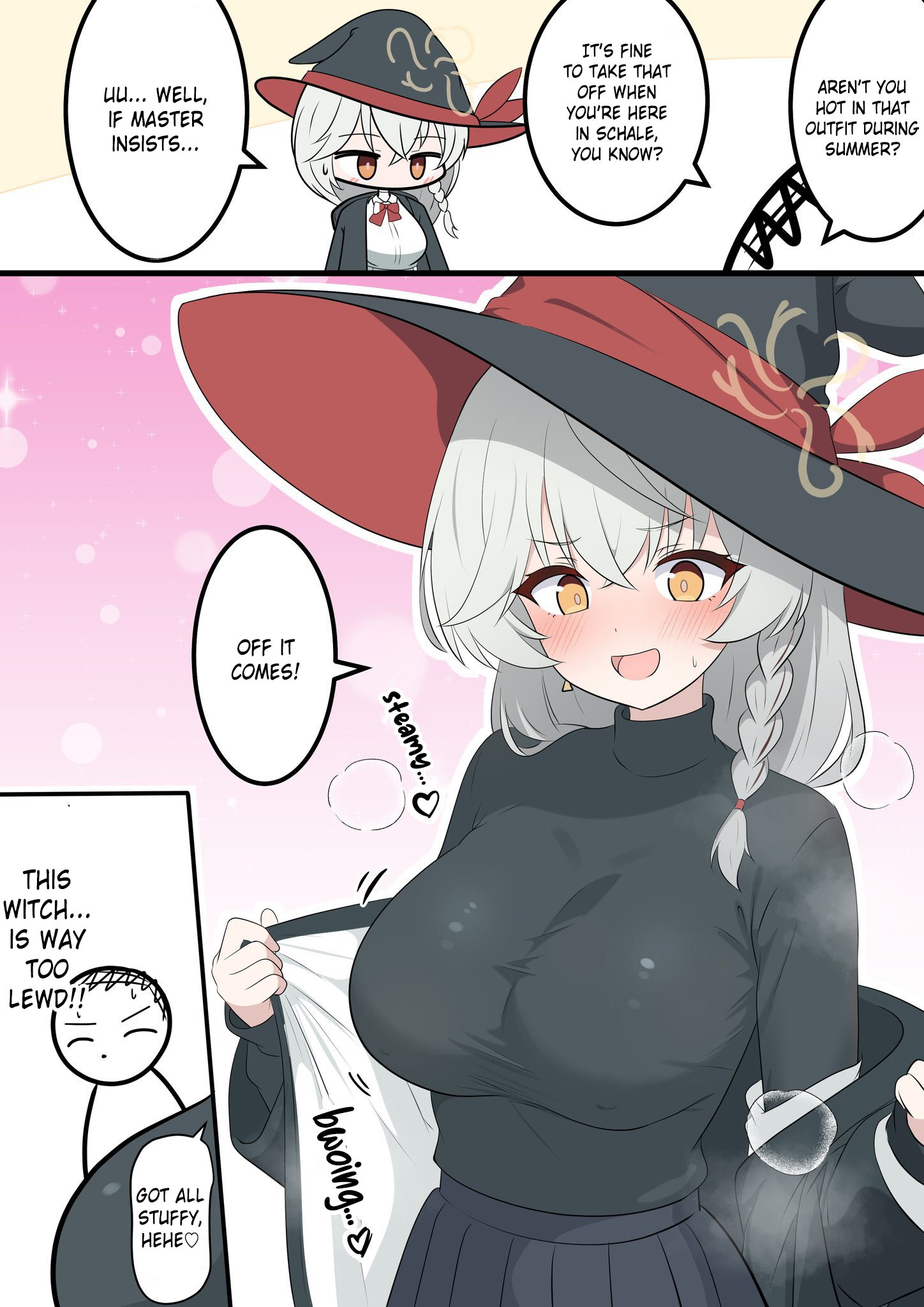 kakapomilk, doodle sensei (blue archive), eri (blue archive), sensei (blue archive), blue archive, translated, 1boy, 1girl, bow, bowtie, braid, breasts, comic, earrings, english translation, halo, hat, jacket, jacket partially removed, jewelry, large breasts, long coat, long hair, orange eyes, shirt, skirt, steam, sweat, sweatdrop, sweater, unworn jacket, unworn shirt, white hair, witch hat