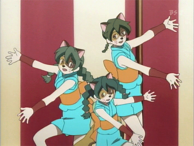 miyama mika, miyama miki, miyama miku, zettai shounen, animated, animated gif, anime screenshot, 00s, animal ears, cat ears, facepaint, jazz hands, outstretched hand